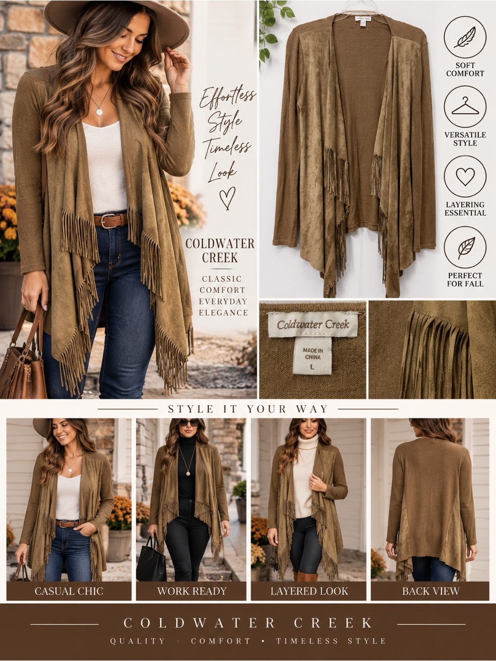 Coldwater Creek Fringe Cardigan L Brown Boho Western Suede Look Draped Jacket